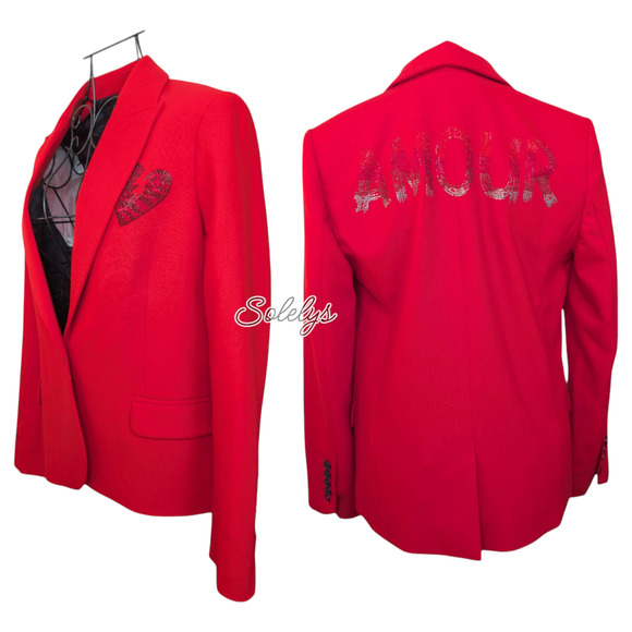 Zadig & Voltaire Victor Bis Amour Heart Red Black Embellished Blazer 36 Small - Picture 1 of 12
